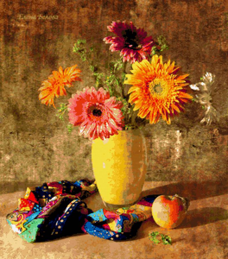 герберы - букет, герберы, натюрморт, цветы, фрукты - предпросмотр