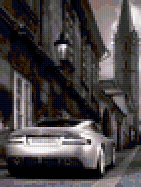 Черно белая - город, машинка, здания - предпросмотр