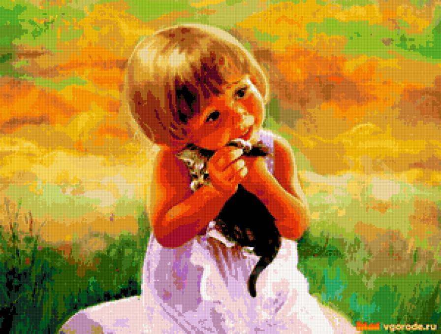 малышка с кошкой - дети, котенок, ребенок, картина, дружба - предпросмотр