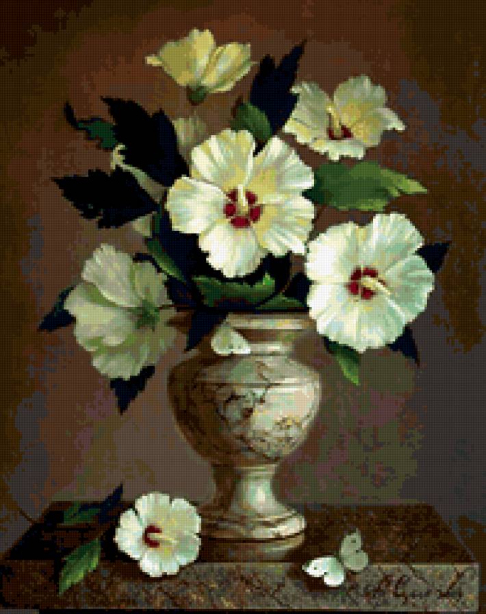 Белая мальва - ваза, натюрморт, цветы, букет, бабочка, картина - предпросмотр