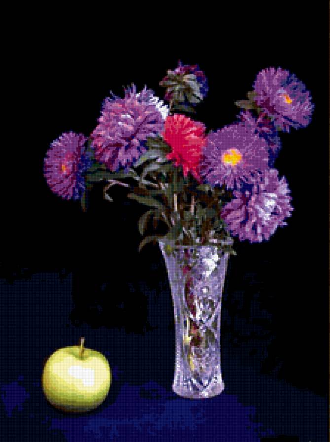 Астры с яблоком - цветы, фрукты, букет, натюрморт, картина, ваза - предпросмотр