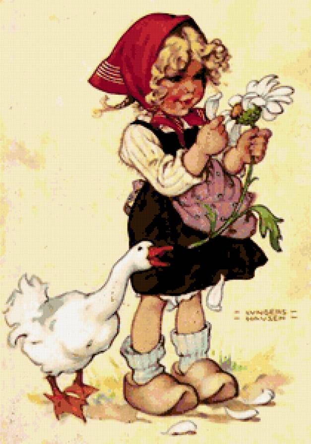 Гадание на ромашке - деткам, цветы, гусь, девочка, птица, ромашка, ретро, дети - предпросмотр