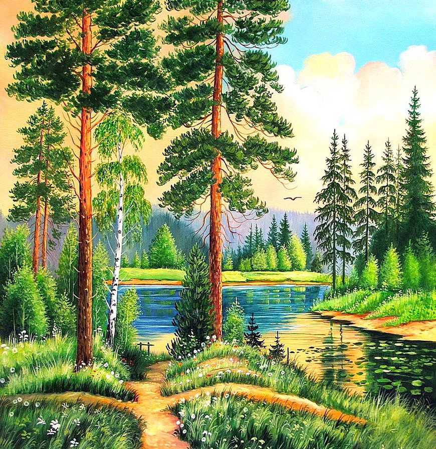 Летний пейзаж - лес, лето, тропинка, пейзаж, елочки, река, картина - оригинал