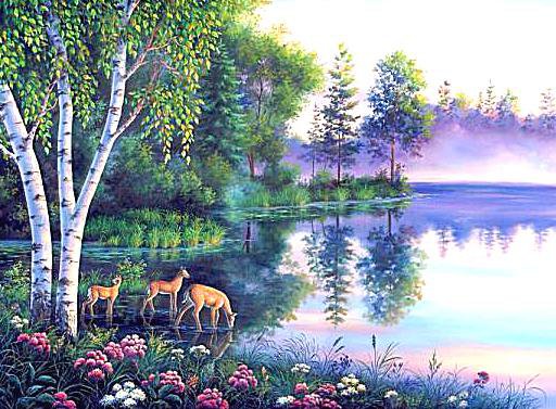 Туманным утром - утро, река, туман, олени - оригинал