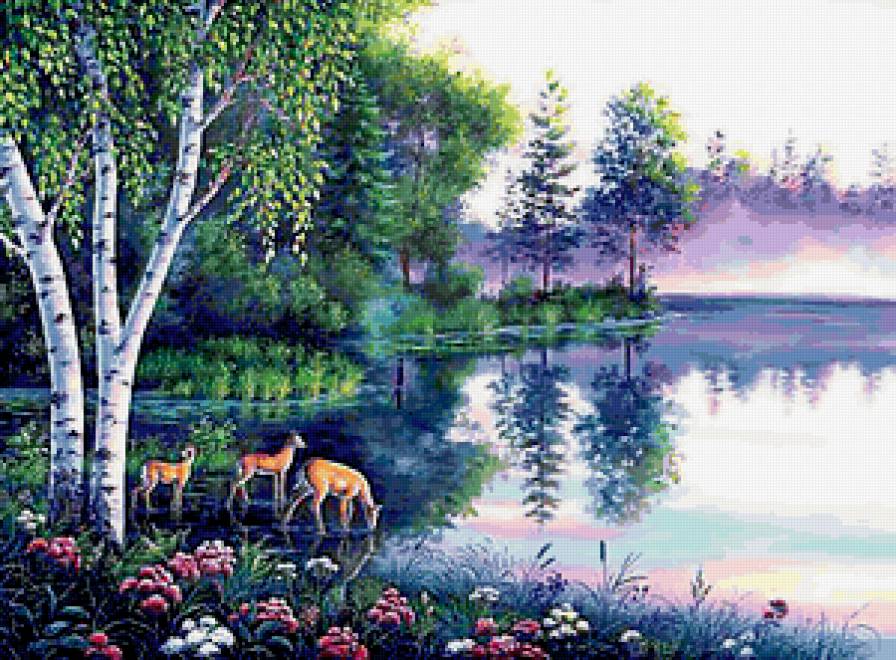 Туманным утром - олени, туман, река, утро - предпросмотр