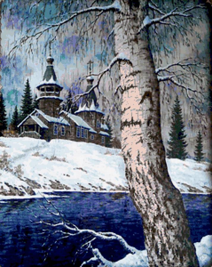 Зимний пейзаж - березки, река, зима, пейзаж, береста, церковь, природа, снег - предпросмотр