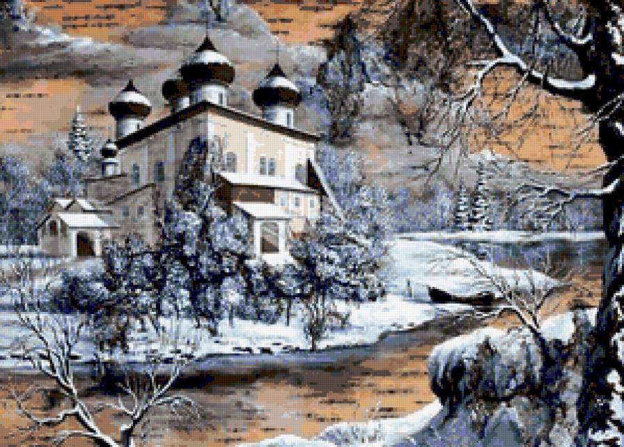 Зимний пейзаж - зима, березки, снег, природа, церковь, река, пейзаж, береста - предпросмотр