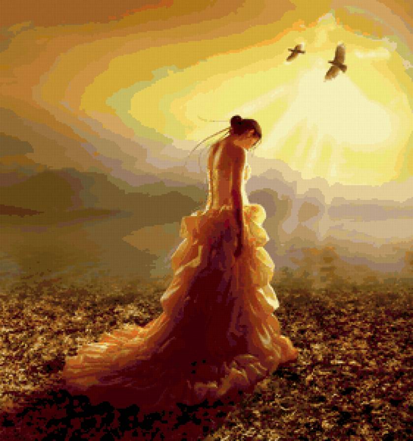 №329192 - девушка, картина, птицы, природа - предпросмотр