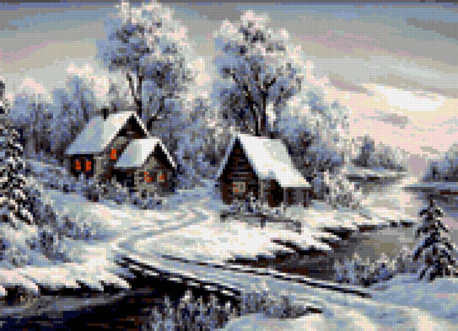 Домики у речки - домик, пейзаж, зима - предпросмотр