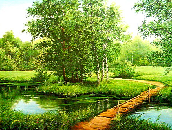 Мосточек - пейзаж, мостик, речка, березки - оригинал