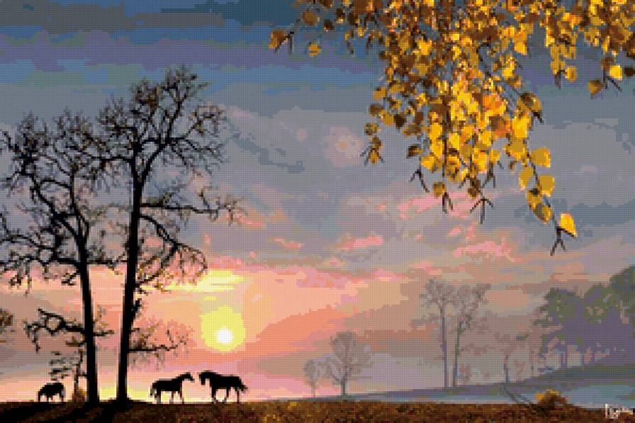 На закате - закат, лошади, природа - предпросмотр