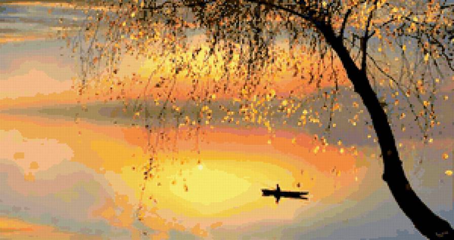 На закате - закат, лодка, озеро - предпросмотр