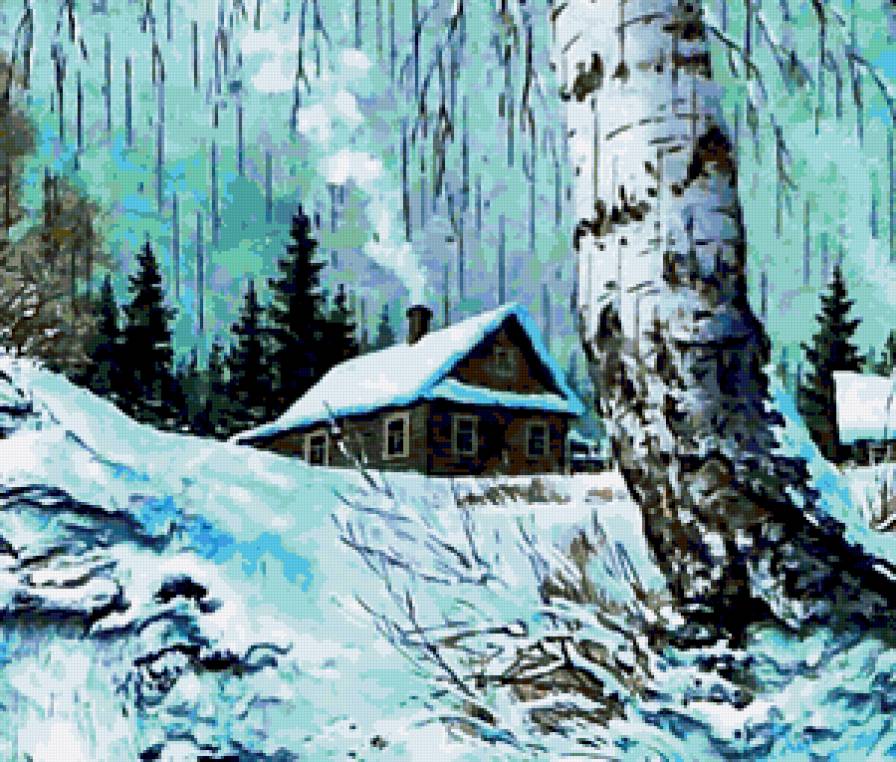 Деревушка - зимняя, снег, пейзаж, домик, природа, береста, домики, березка - предпросмотр