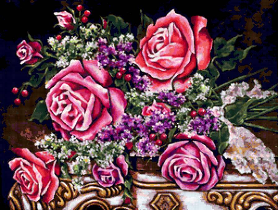 Розы и фиалки - роза, розы, натюрморт, цветы, фиалка, фиалки - предпросмотр