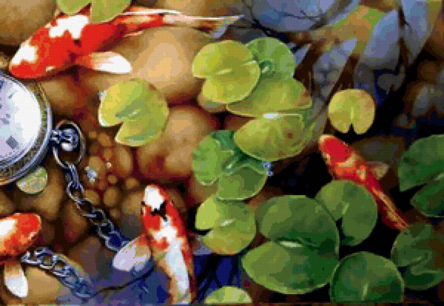 кои и время часть 2 - рыба, кои, лотос, картина, живопись, карп, пруд, часы - предпросмотр