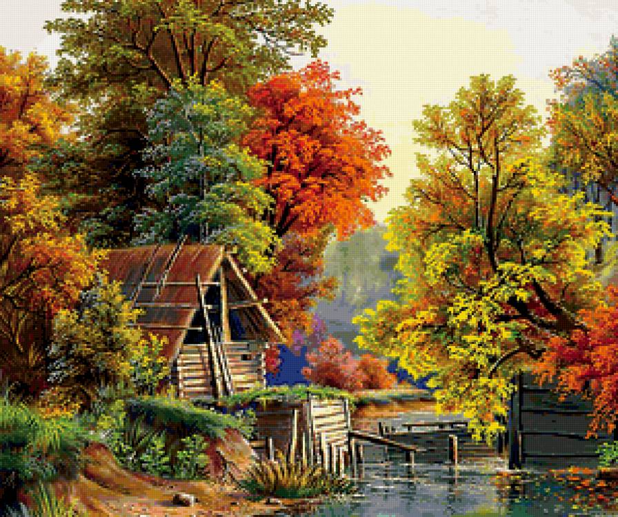 Старая запруда - река, осень, лес, домик, пейзаж - предпросмотр