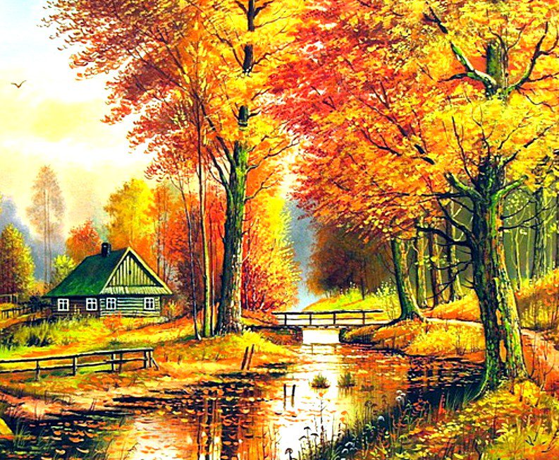 Домик на опушке - лес, осень, домик, пейзаж, река, дорога - оригинал