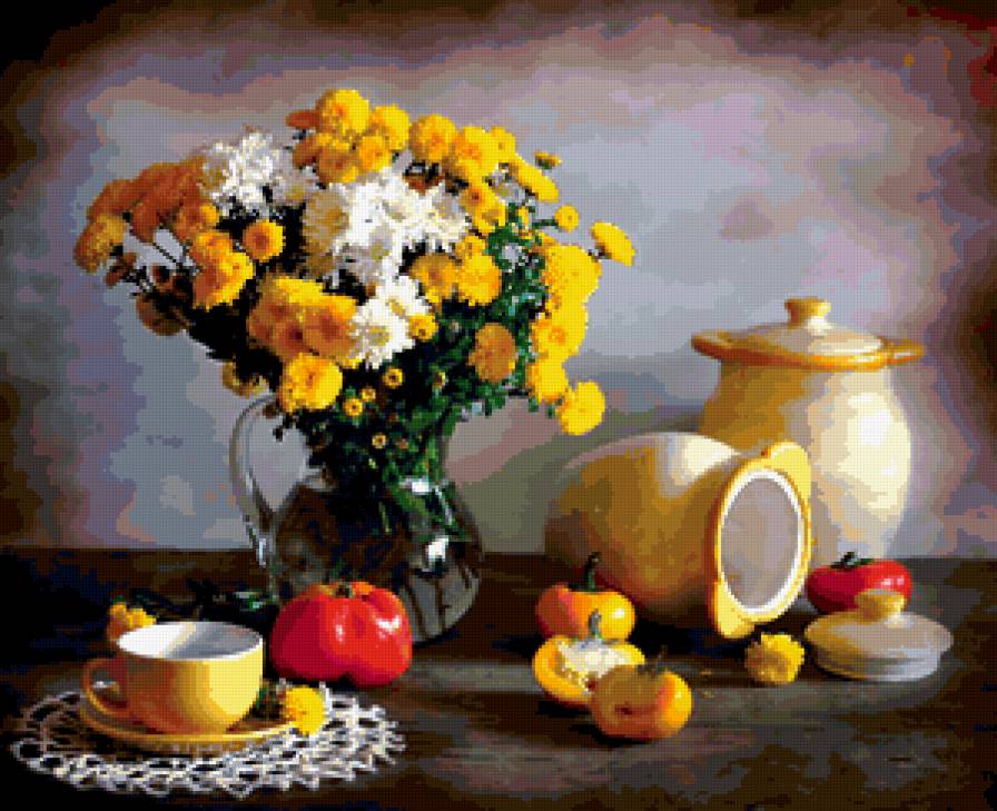 натюрморт - букет, цветы, натюрморт, перец, хризантемы - предпросмотр