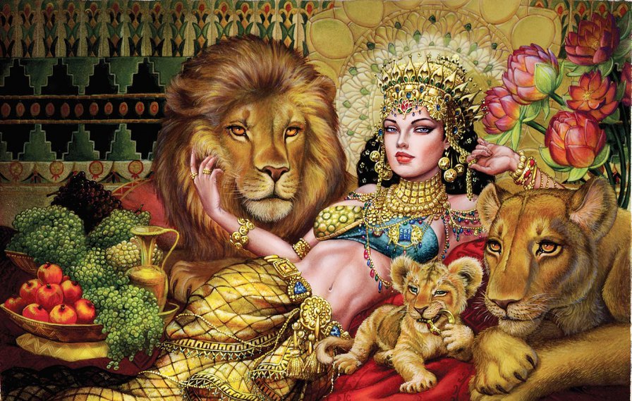 царица зверей - девушка, животные - оригинал