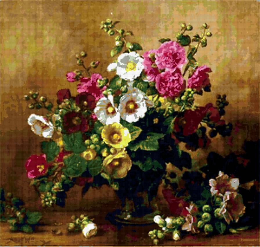 букет - цветы, картина, букет, мальва, натюрморт, шток-роза - предпросмотр