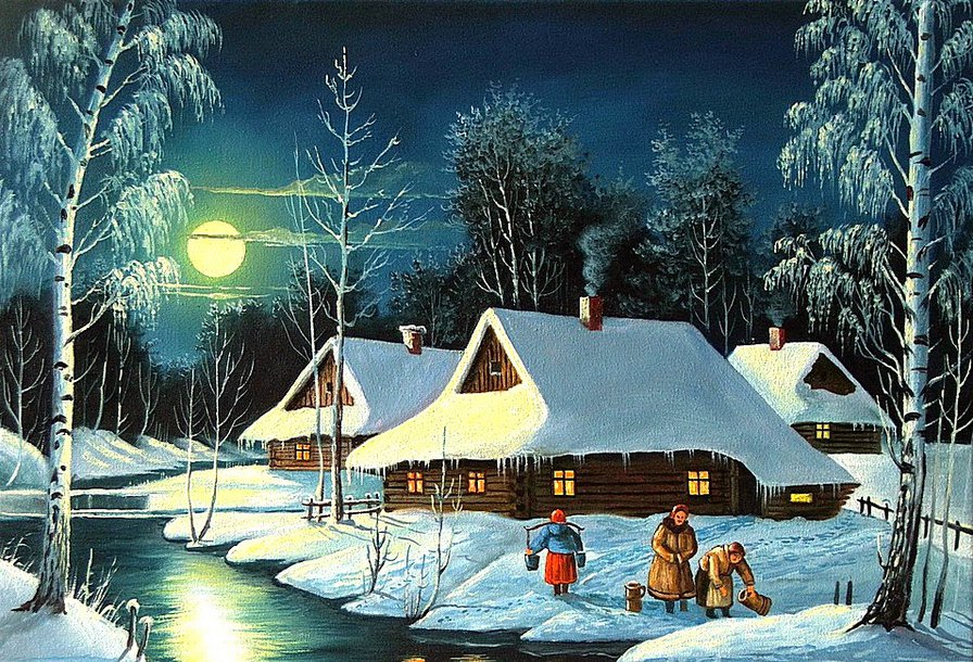 Зимняя ночь - ночь, село, пейзаж, березки, лед, зима, река, луна - оригинал