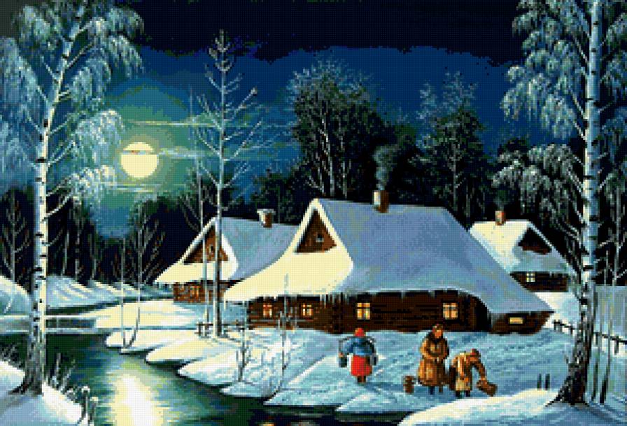 Зимняя ночь - березки, река, ночь, луна, пейзаж, зима, лед, село - предпросмотр