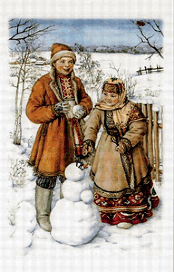 зимние забавы - живопись, люди, снегвик, зима, снег - предпросмотр