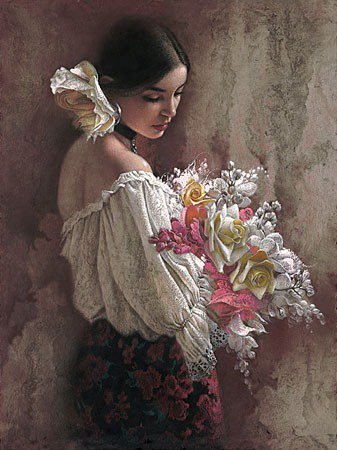 картина - девушка, букет, цветы - оригинал