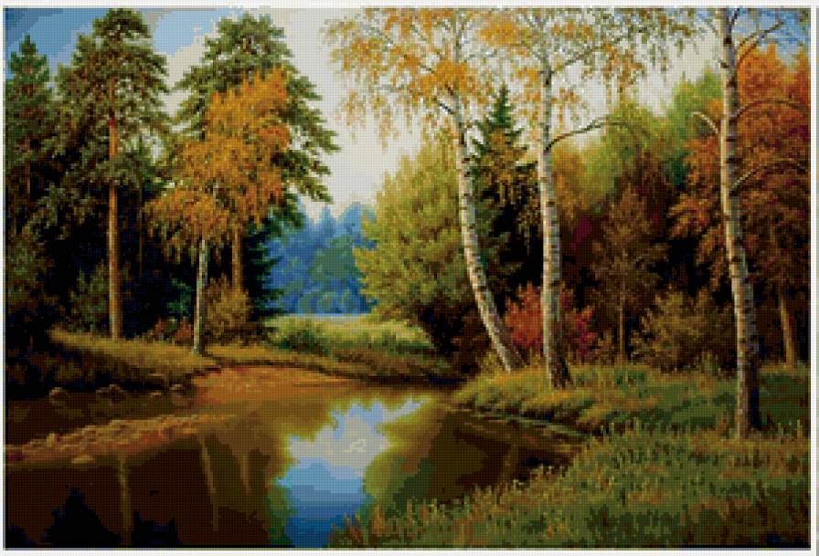 картина - пейзаж, речка, лето, природа, лес - предпросмотр
