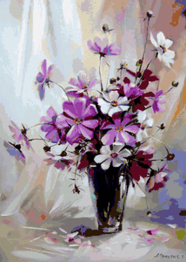 фиолетовый букет - букет, цветы, ваза, картина, живопись - предпросмотр