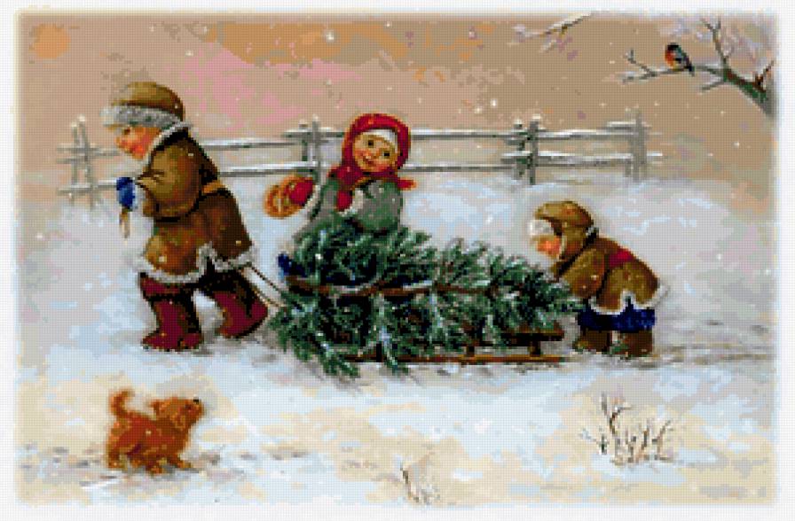 №335233 - новый год, снег, рождество, живопись, пейзаж, зима, дети, елка - предпросмотр