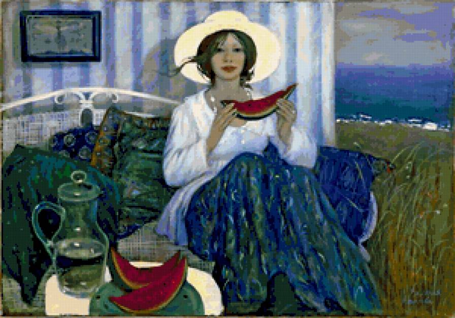 десерт - люди, девушка, фрукты, живопись - предпросмотр