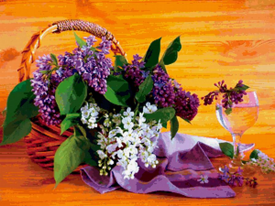 сирень в корзине - корзина, бокал, цветы, сирень, букет - предпросмотр