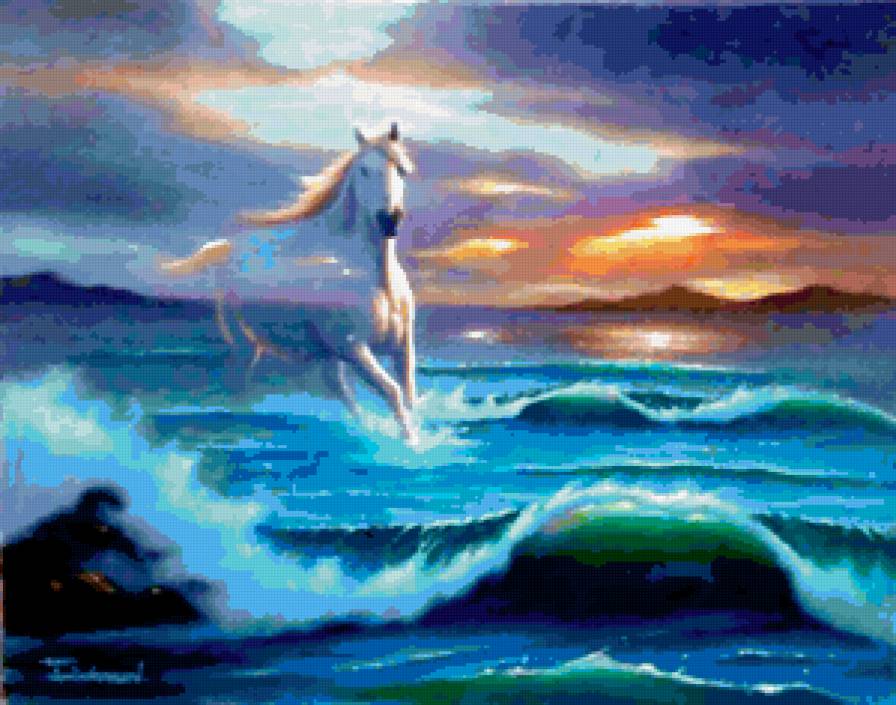 Бегущая по волнам - животные, пейзаж, кони, море, лошади - предпросмотр