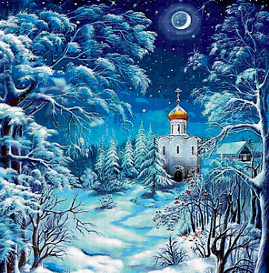 Зимняя сказка - зима, ночь, иней, пейзаж, снег, рождество, звезды, церковь, луна - предпросмотр