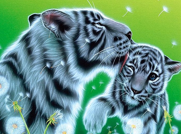 Заботливая мамочка - тигры, животные, тигренок, мамочка, малыш - оригинал