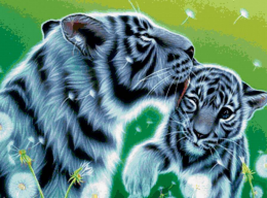 Заботливая мамочка - животные, мамочка, малыш, тигры, тигренок - предпросмотр