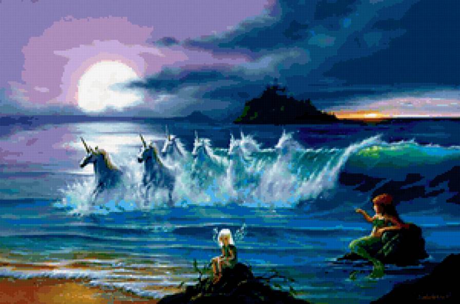 Фантазия с единорогами - русалки, единороги, дети, море, пейзаж - предпросмотр