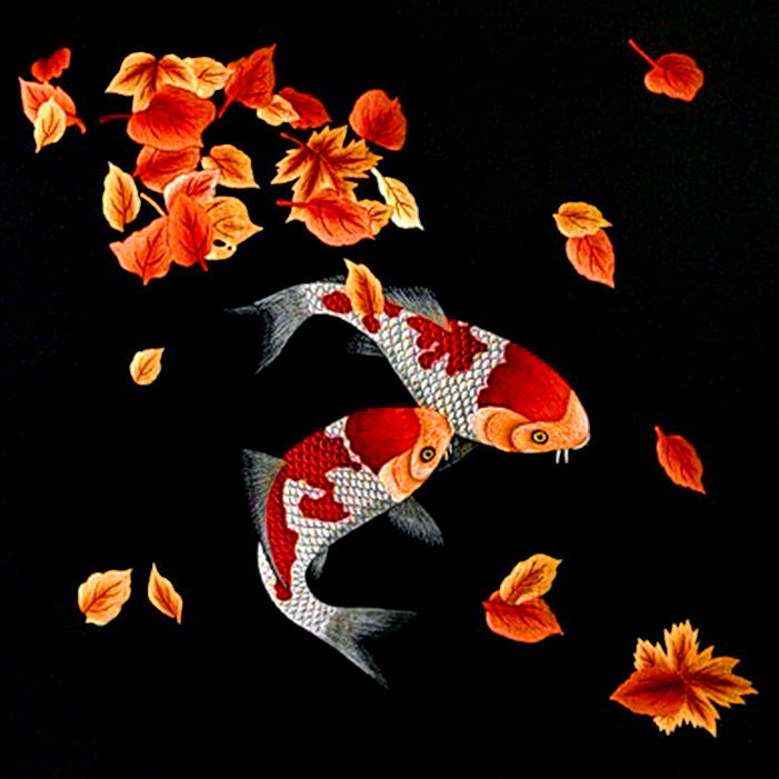 пара кои на подушку - осень, восток, рыба, пара, кои, листья - оригинал