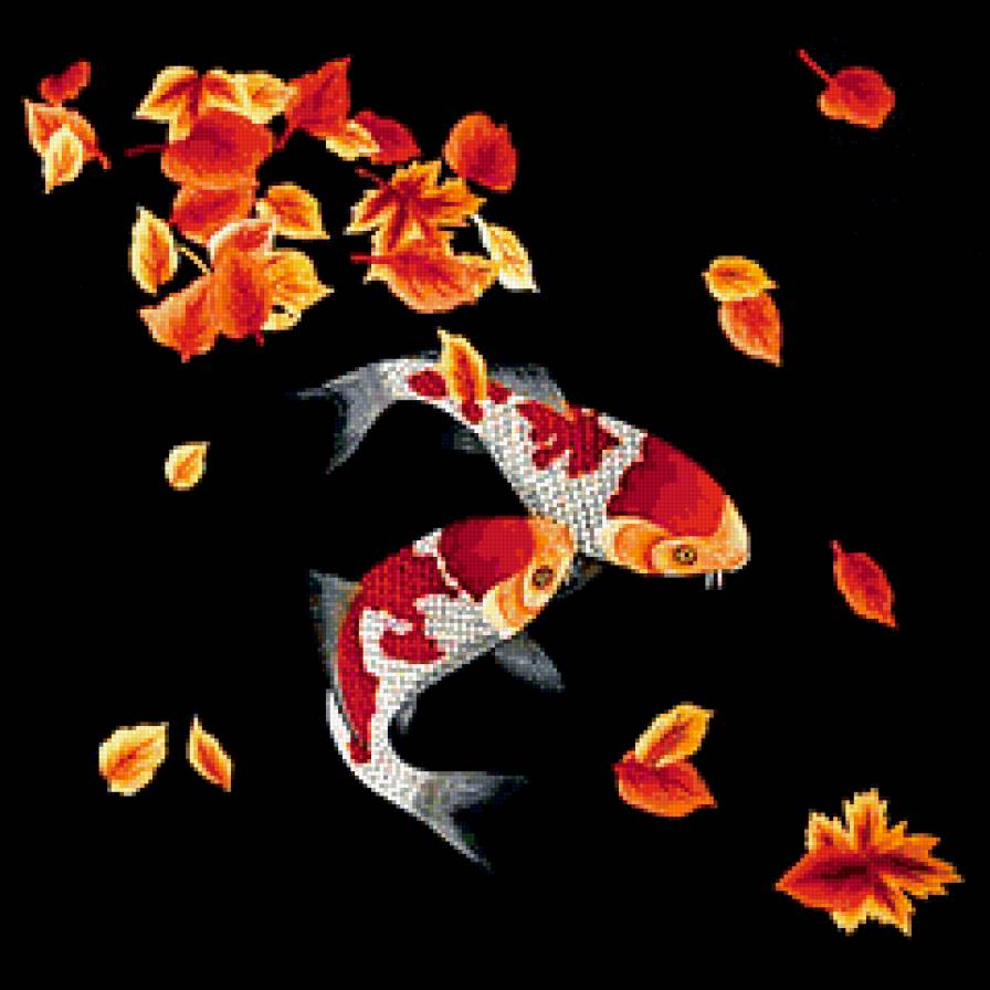 пара кои на подушку - кои, осень, пара, восток, листья, рыба - предпросмотр