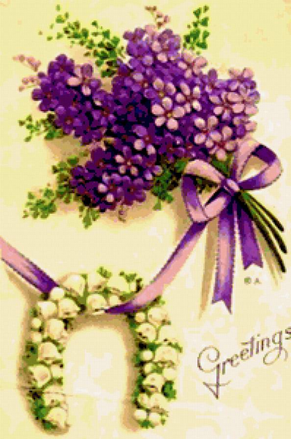 Подкова  на счастье - подкова, цветы, фиалки, фиалка, ландыши, на счастье, винтаж - предпросмотр