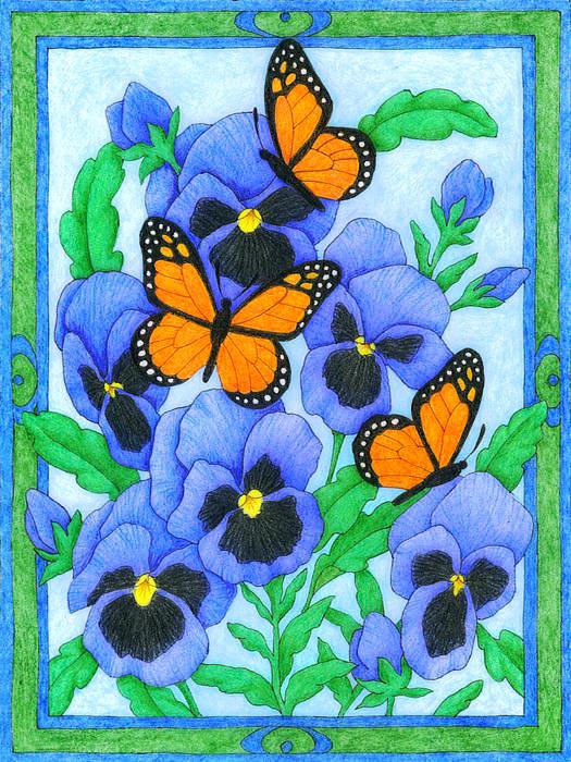 Цветы и бабочки - анютины глазки, панно, цветы и бабочки, цветы, анютки, бабочки - оригинал
