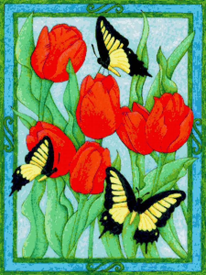Цветы и бабочки - тюльпаны, цветы и бабочки, тюльпан, панно, бабочки, цветы, весна - предпросмотр