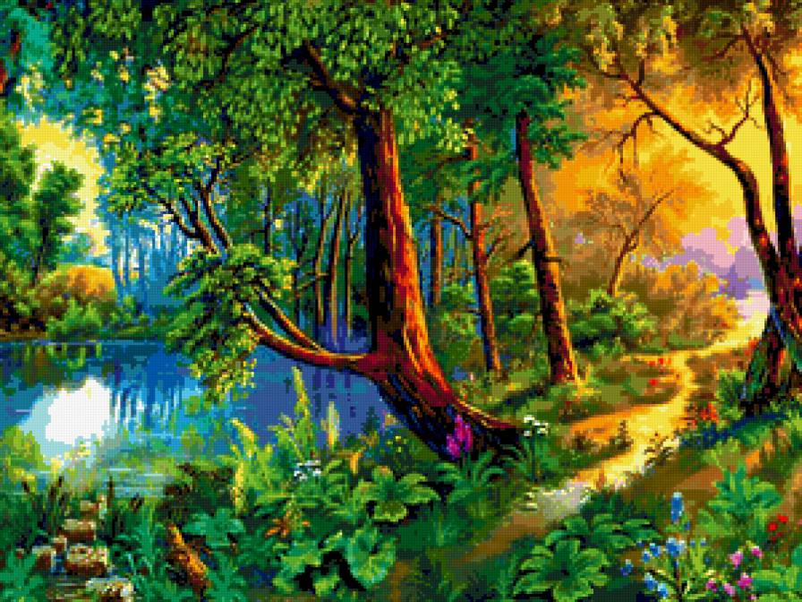 Волшебный лес - ромашки, клевер, цветы, лето, пейзаж, природа, озеро, лес - предпросмотр