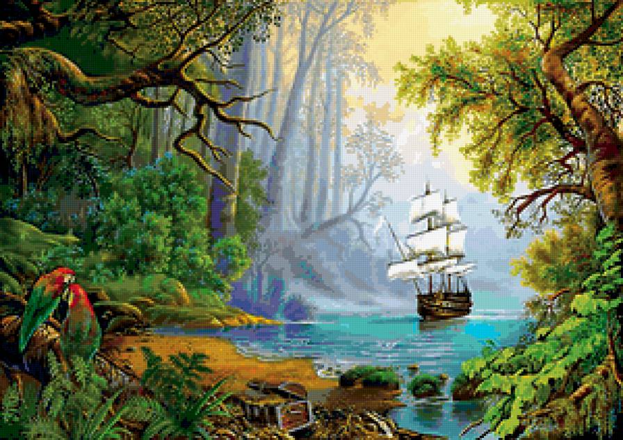 К острову сокровищ - пираты, корабль, остров, попугаи - предпросмотр