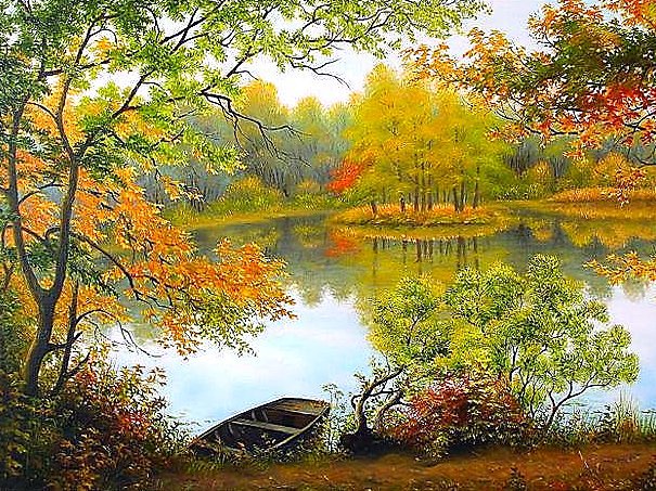 Лодка у берега - пейзаж, осень, лодка, озеро - оригинал