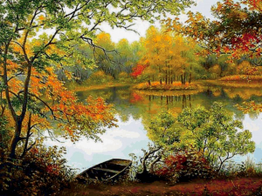 Лодка у берега - осень, лодка, пейзаж, озеро - предпросмотр