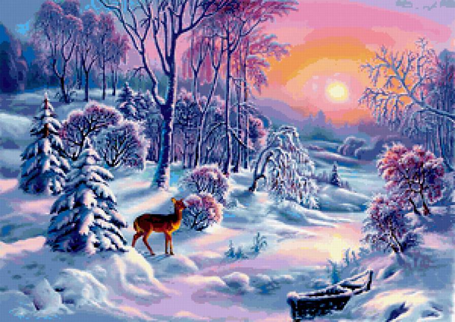 Зимний пейзаж - олень, пейзаж, зима - предпросмотр