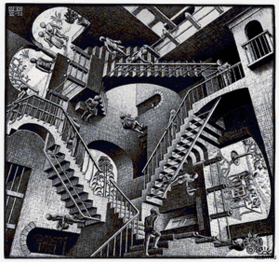 Эшер. Относительность - рисунок, монохром, иллюзии, карандаш, эшер - предпросмотр