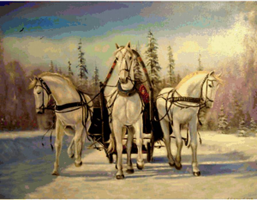 картина - кони, природа, зима, тройка - предпросмотр